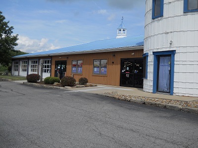 building with blue silo