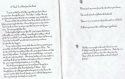 Mass pamphlet from Nancy Gurish's wedding. These pages are tips about weddings.