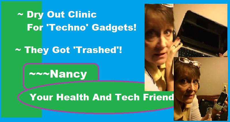nancy gurish holding up a laptop and a cell phone saying they drank coffee and olive oil and need to detox